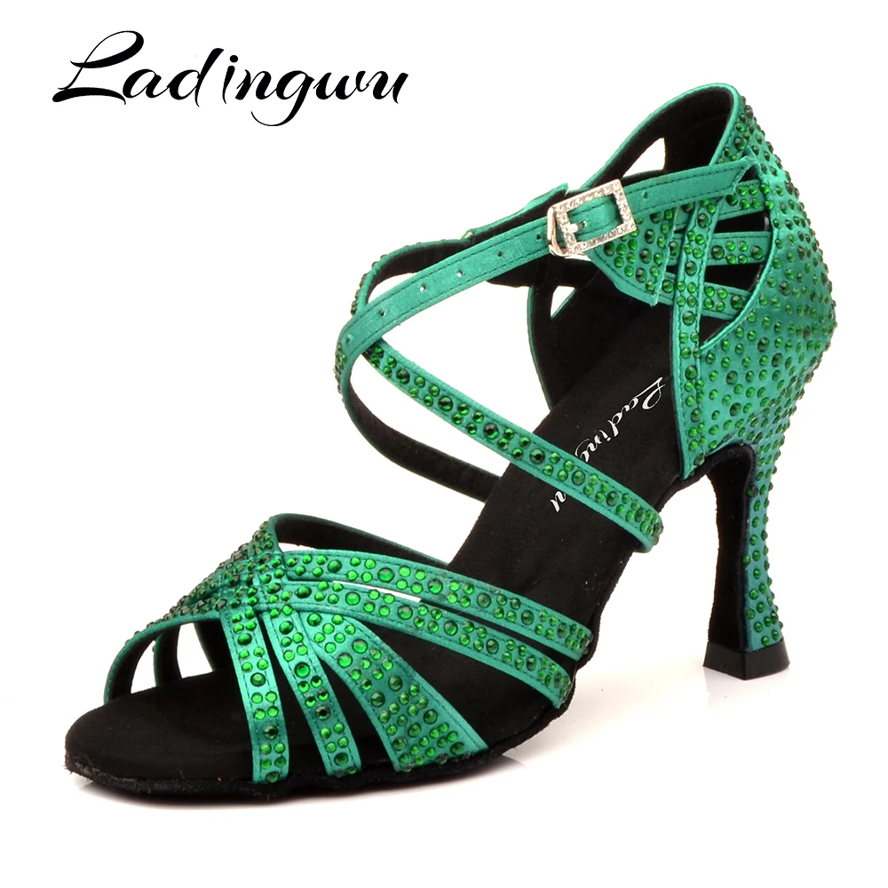 Ladingwu Turquoise Rhinestones Latin Dance Shoes Indoor Sports Dance Shoes Comfortable Soft Bottom Salsa Multiple Colors Choose