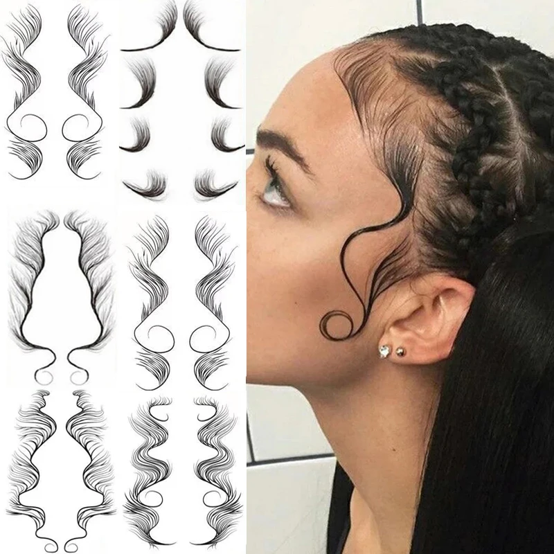 

Curly Hairline Natural Temporary Tattoo Sticker Hair Edge Tattoo Stickers Waterproof Makeup Ponytail Elegant Bangs for Women