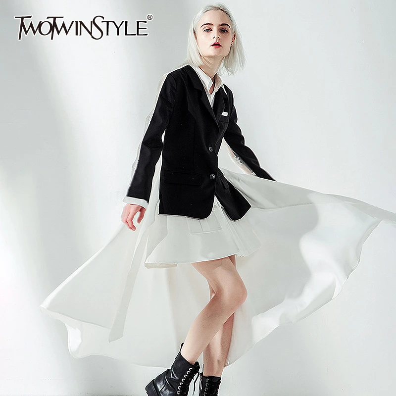 TWOTWINSTYLE Hit Color Patchwork Lace Elegant Blazer For Women Lapel Collar Irregular Hem Suit Female 2020 Spring Fashion New | Женская