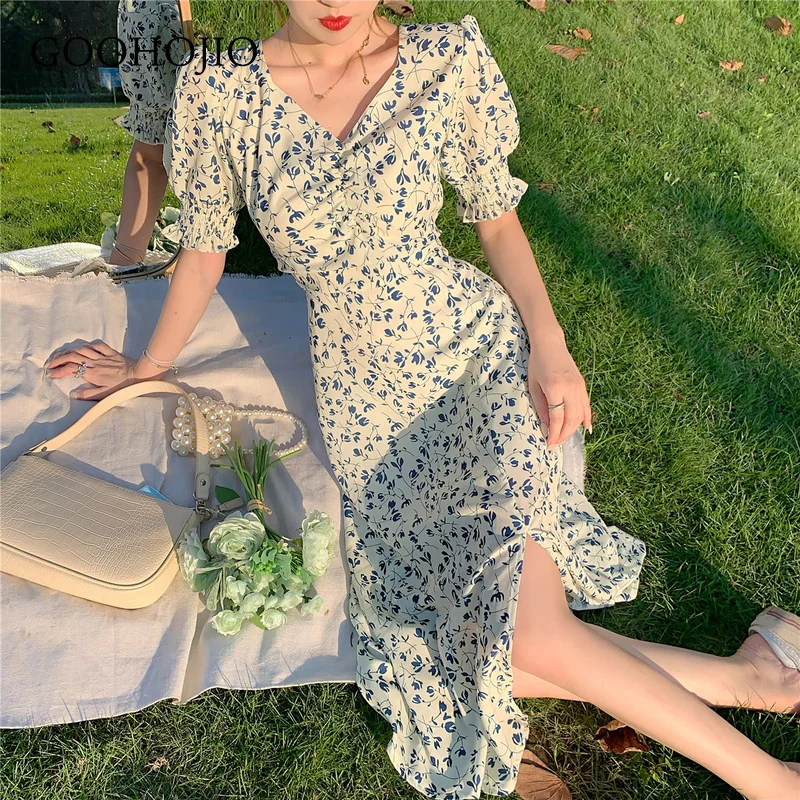 

GOOHOJIO 2021 New Spring and Autumn Square Collar Dress Women Floral Temperament Dress for Women Elegant Retro Women Dresses