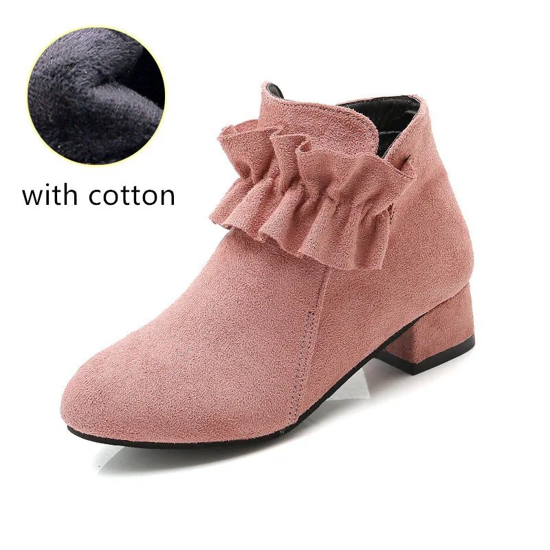 pink with cotton Mumoresp/ботинки для девочек; теплые хлопковые ботинки из флока; сезон осень-зима; Детские ботильоны с оборками; детские ботинки принцессы на высоком каблуке - Цвет: pink with cotton