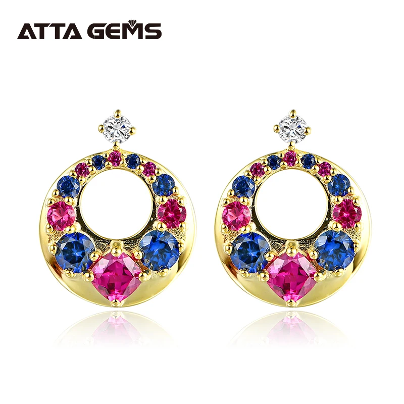 

Ruby Sterling Silver Stud Earring Women Wedding Party Earring Created Ruby Sapphire Yellow Gold Plated Luxury Style Top Quality