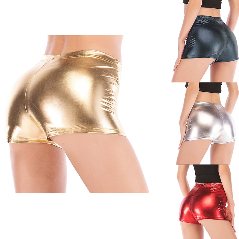 

Women Adult Silver Metallic Shorts Rave Booty Shorts Mid Waist Cheer Shorts PU Shiny Dance Woman Shorts Sexy