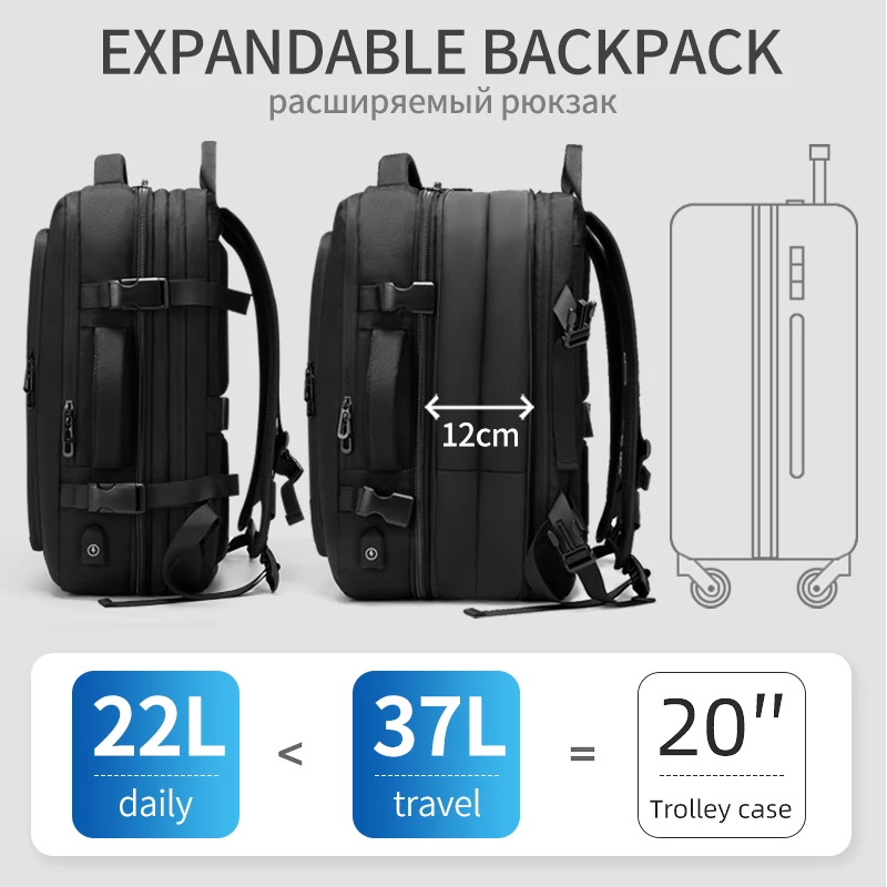 

Men 15.6inch Laptop Travel Backpacks Extensible Large Capacity Luggage Bags Easy to Carry with USB Charging Port Camping Bag