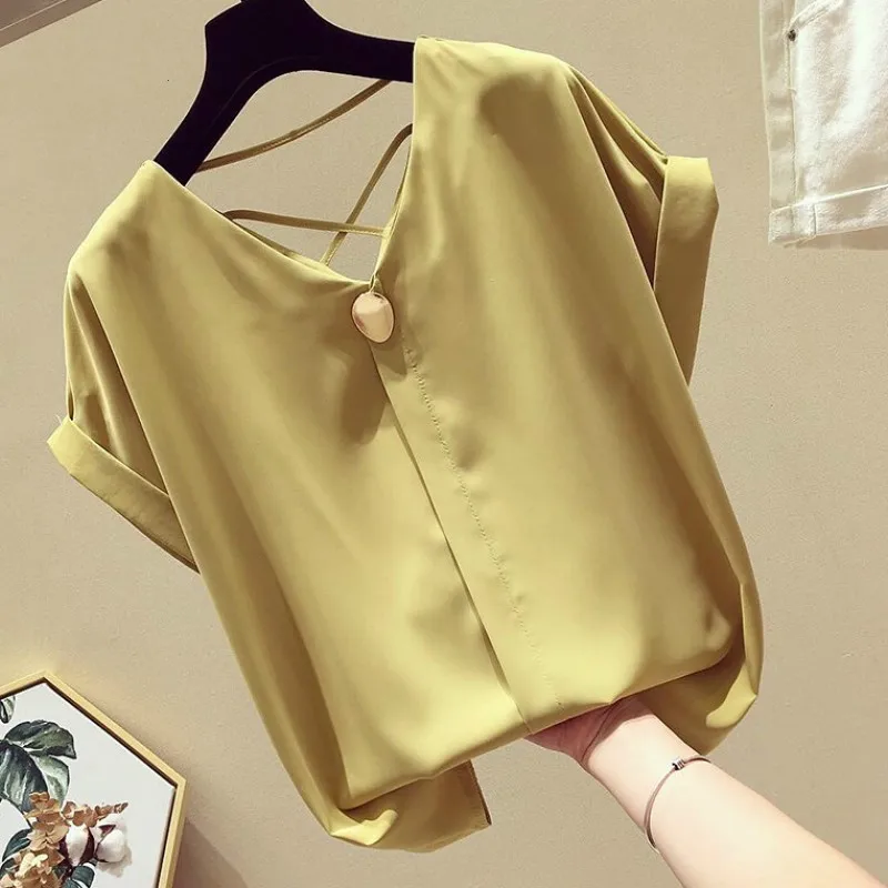 Новинка 2021 однотонная шифоновая блузка с V-образным вырезом женские блузки