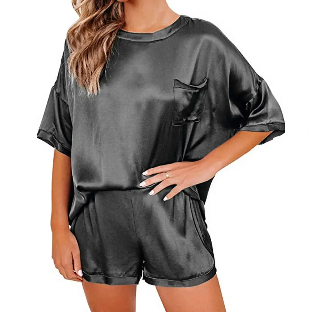 

New Stylish Women Imitation Silk Satin Solid Color Short Sleeve Top Shorts Nightwear Pajama Set for Bathroom Homewear Suit