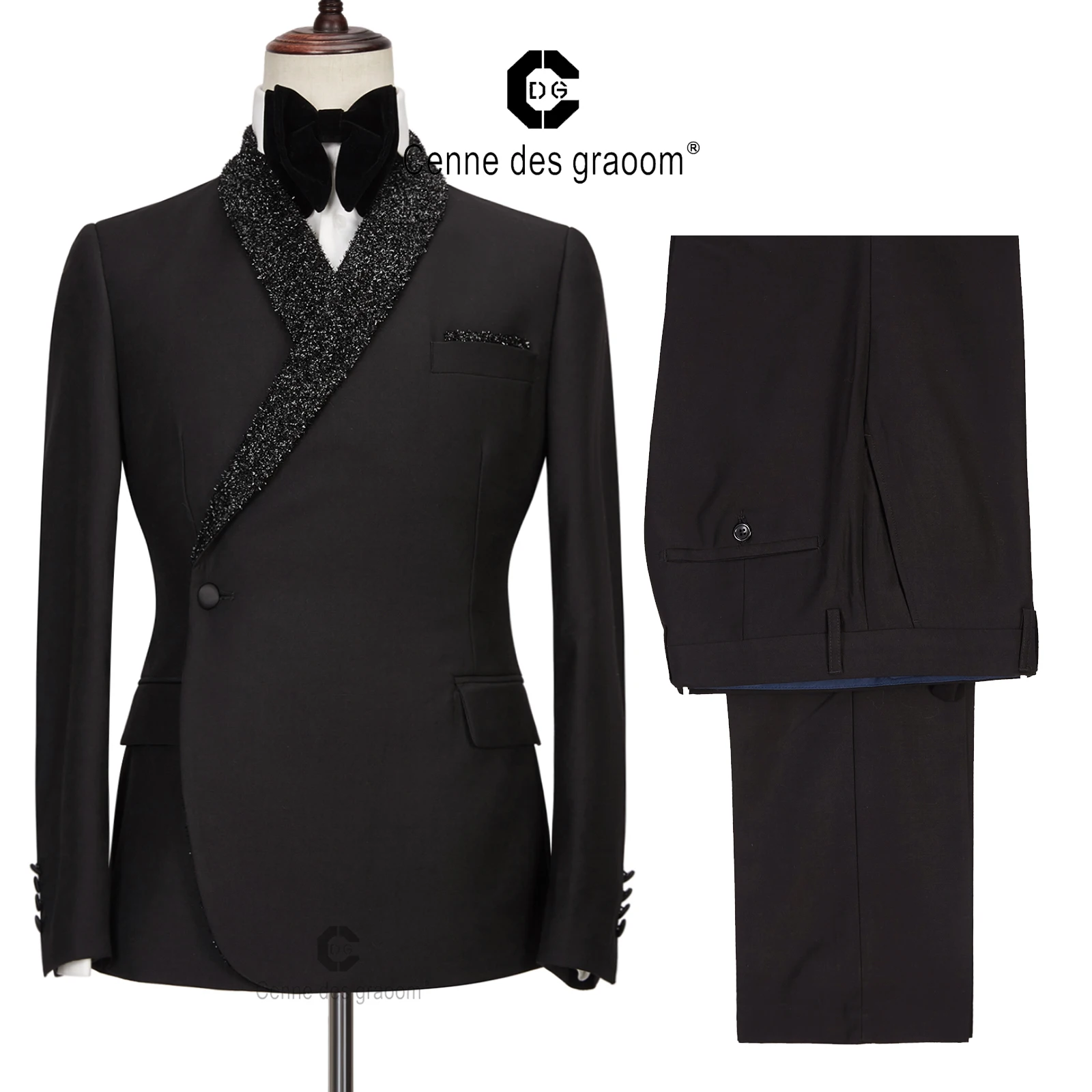 Cenne Des Graoom son kat tasarım erkek takım elbise özel yapılmış smokin 2 adet Blazers düğün parti şarkıcı damat kostüm homme siyah