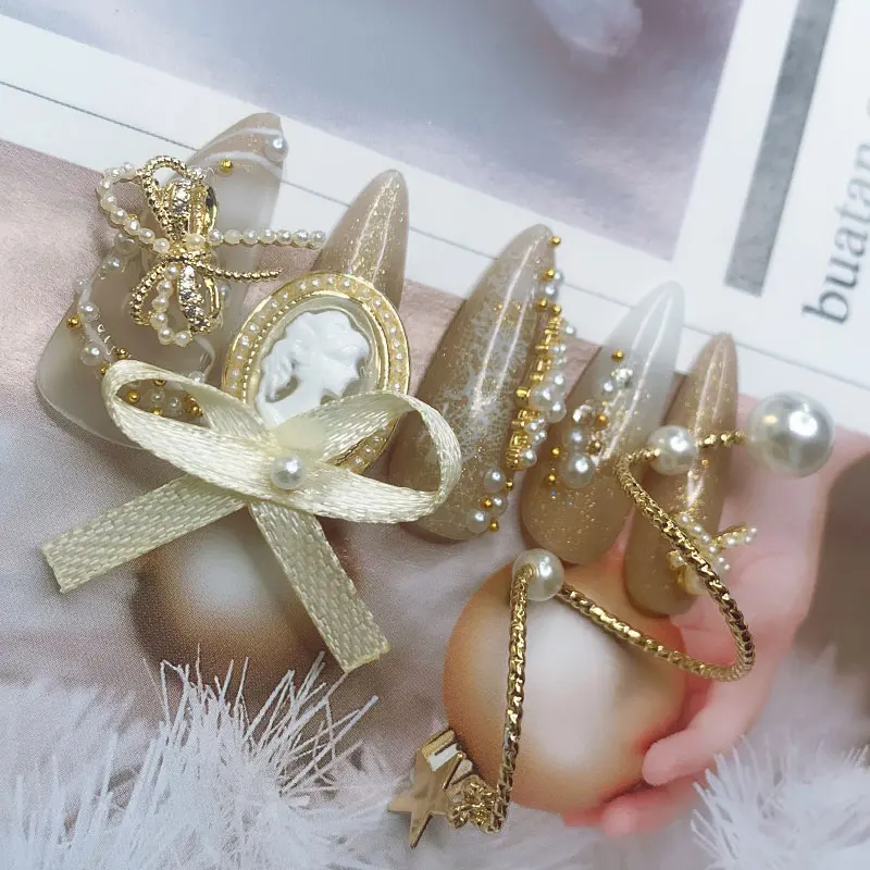 3D Charm Metal Alloy Nail Art Rhinestone Decoration Luxury Pearl Ring Chain Bow Design Nails Zircon Jewelry Manicure Accessories | Красота и