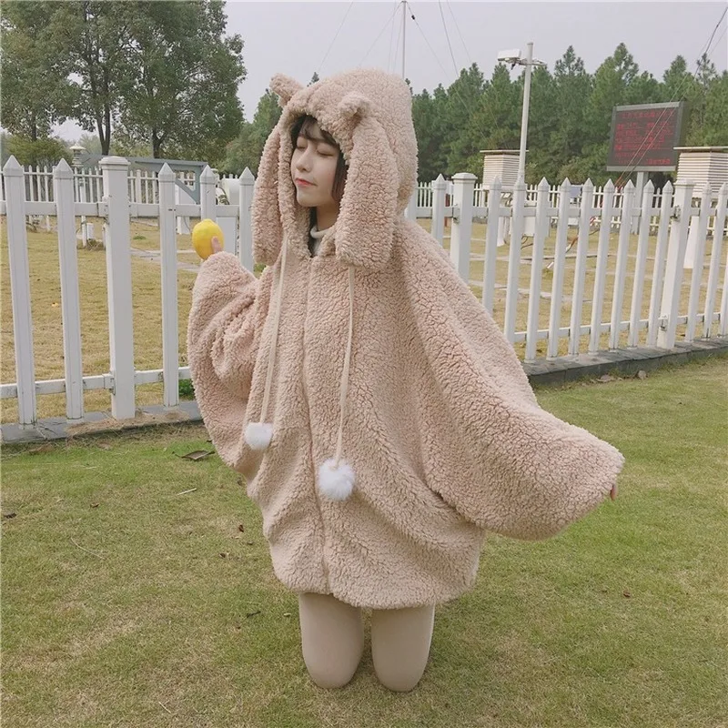 Women's Cute Rabbit Ear Plush Hoodie Kawaii Coat Girl Winter Warm Soft Faux Fur Batwing Sleeve Zipper Harajuku Teddy Coat