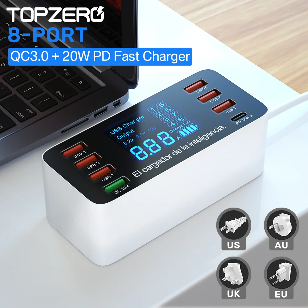 Зарядное устройство USB Type C 60 Вт 8 портов адаптер для быстрой зарядки PD QC 3 0