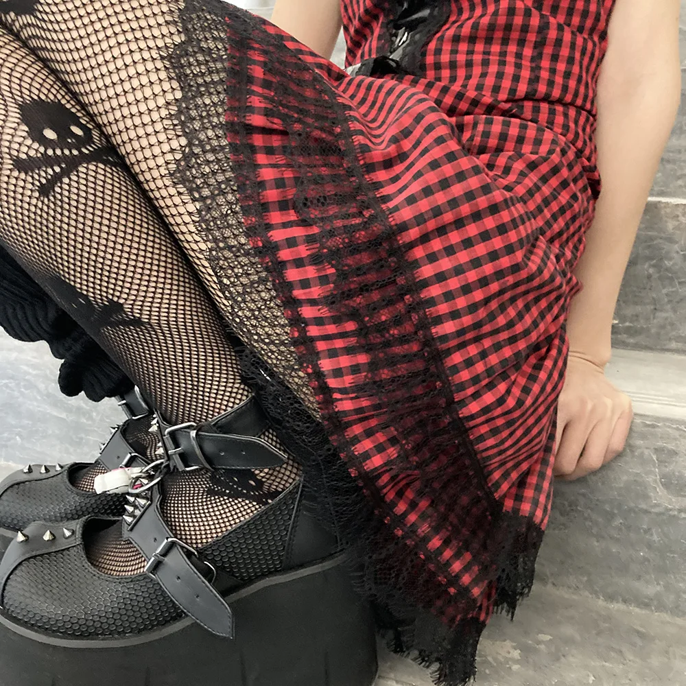 

Devil Cross Rivet Gothic Plaid Dress Women Summer New Lace Punk Short Dresses 2020 Casual Vintage Mini Red Lolita Girl