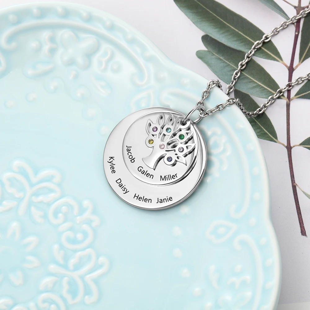 Заказное круглое семейное дерево ожерелье из нержавеющей стали с гравировкой 7