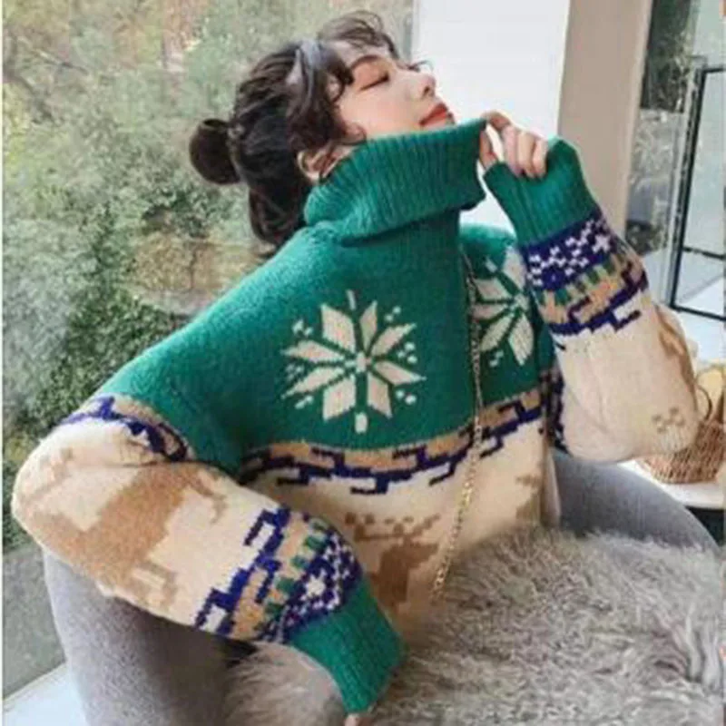 Женский Рождественский свитер со снежинками оленями водолазка свободный