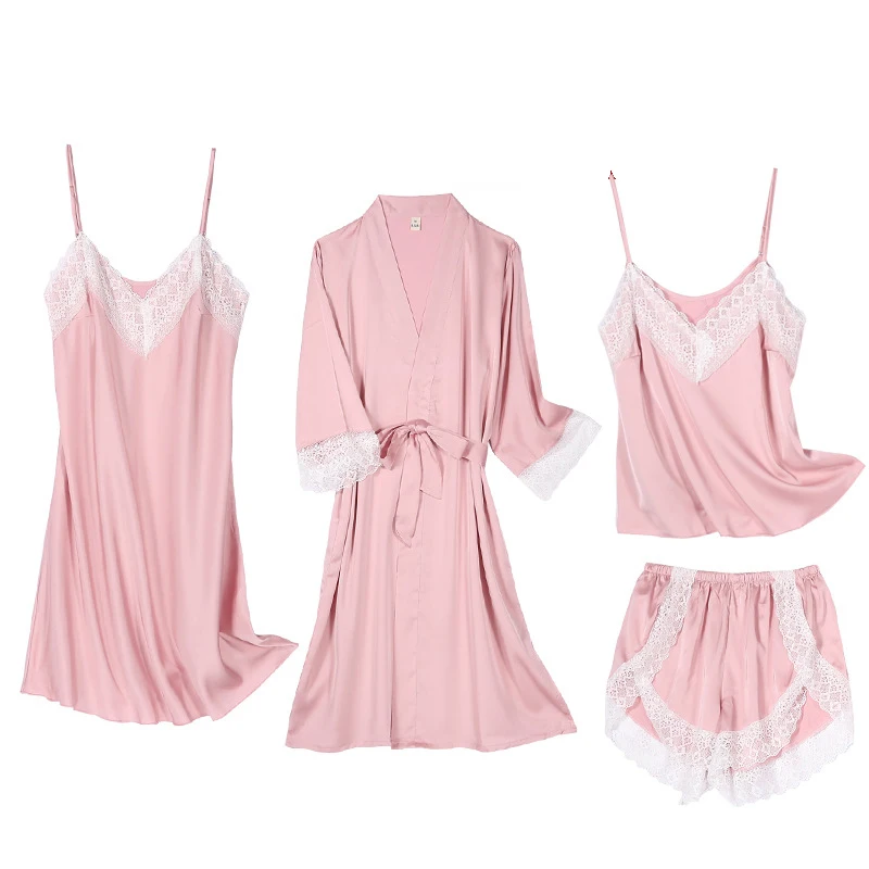 Комплект пижамный женский из 4 предметов пеньюар с V образным вырезом домашняя