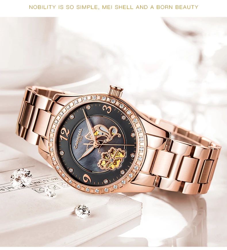 Reloj Mujer, карнавальные автоматические часы для женщин, модные механические Женские наручные часы, розовое золото, роскошный бренд, часы с скелетом