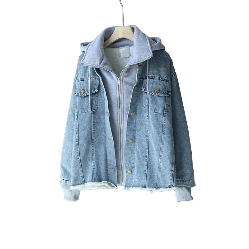 Джинсовая куртка с капюшоном джинсовая для женщин поддельные две части куртки из