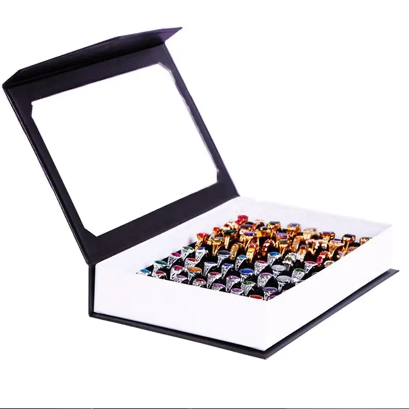 

72 Ring Jewellery Display Storage Box Tray Show Case Organiser Earring Holder, Black Ring Box With Cover