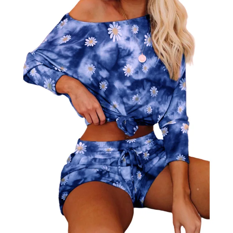 

Women Tie-dyed Pj Sets Daisy Printed Floral Home Wearing Ladies Pyjamas With Short Dyed Sleeping Wear Set