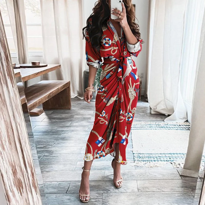 

Summer New Slit Short Sleeve Long Dress Women's Fashion Draped Turn-down Collar Party Dress Elegant Belt Office Lady Shirt Dress