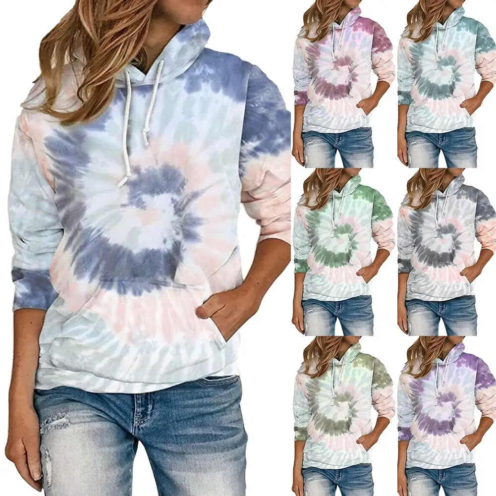 

2020 Blouse Women Autumn Spiral Print Long Sleeve Loose Pullover Hooded Sweatshirt Blouse Women's Clothing блузка женская