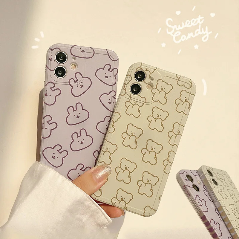 

Retro smile rabbit bear line art kawaii Japanese Phone Case for iPhone 13 11 12 Pro Max Xr Xs Max 7 8 Plus 7Plus case Cute Cover