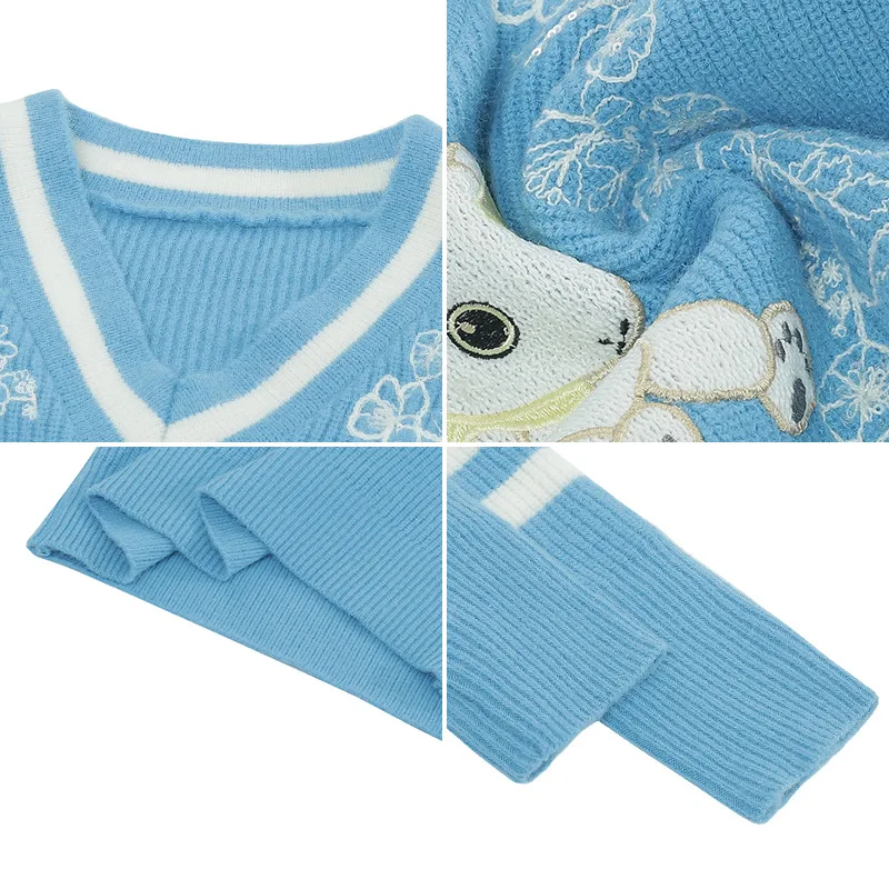 

High Quality Vintage Winter Women Knitted Sweater V Neck Long Sleeve Elegant Embroidery Loose Knitted Pullovers Lady Tops Fall