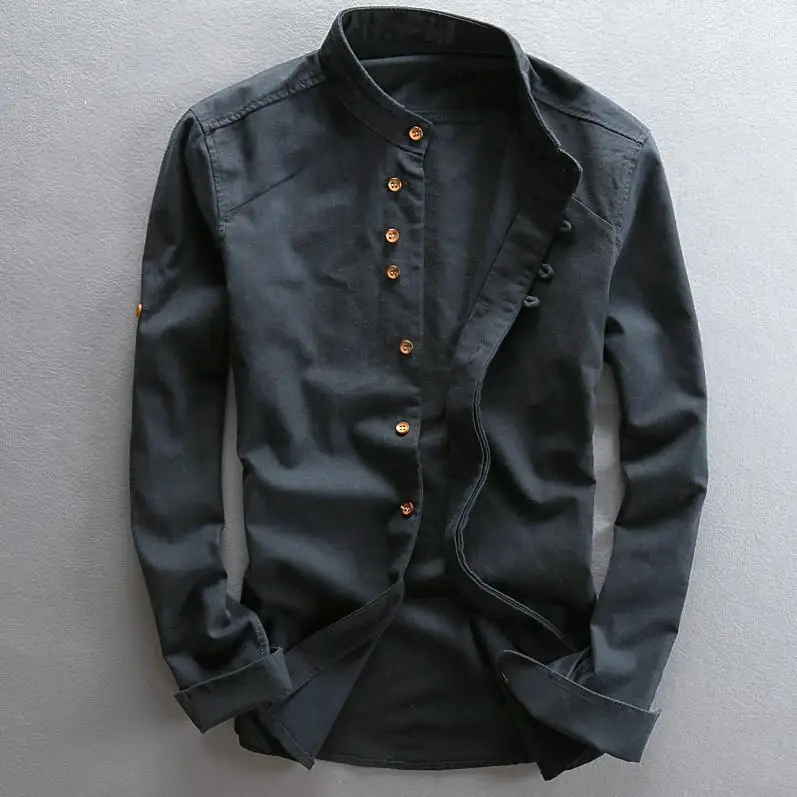 

Men's Cotton Linen Shirts Long Sleeve Casual Slim Mandarin Collar Shirts High Quality Men Business Cotton Dress Shirts