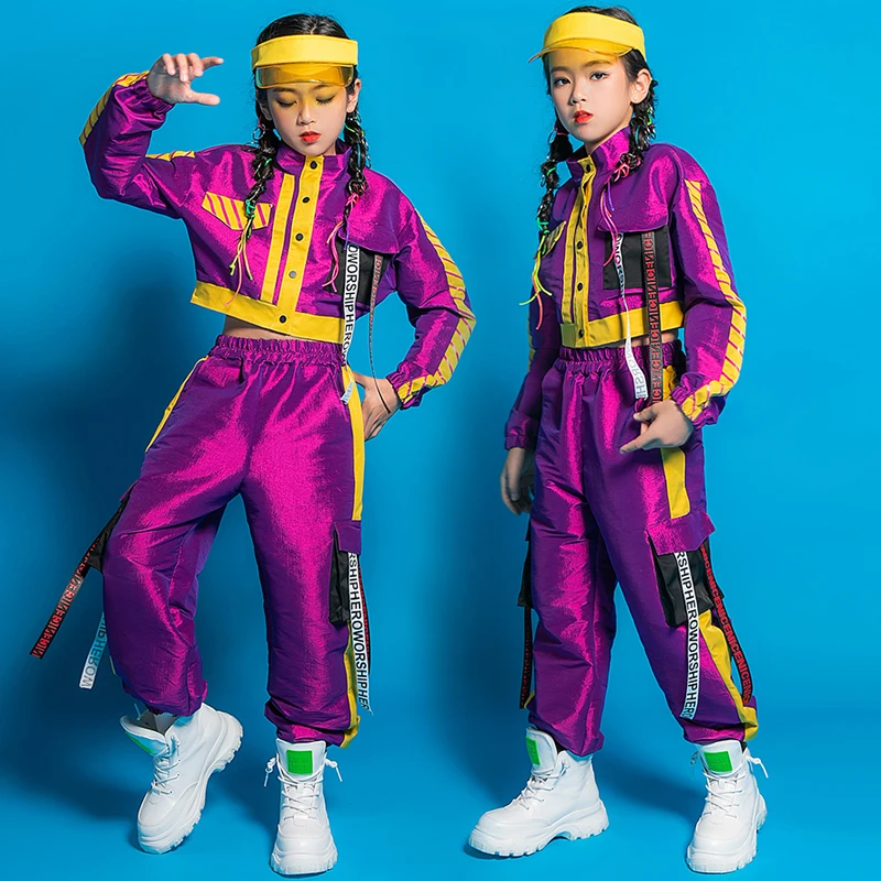 

Girls Jazz Dance Costume Street Hip Hop Performance Clothing Tops Pants Purple Suit Long Sleeve Children Stage Costume BL5982