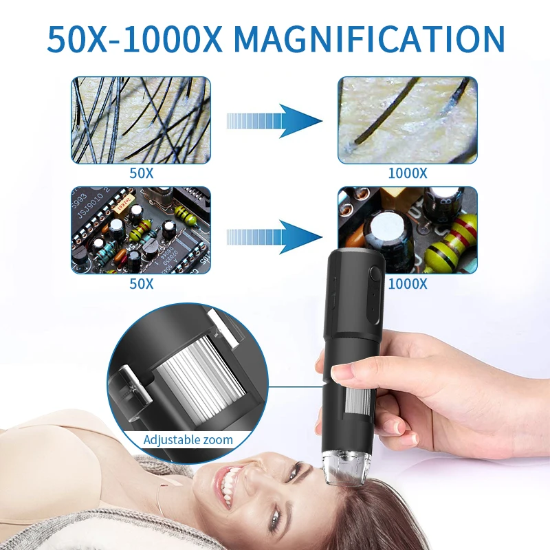 Multifunctional 50~1000X WIFI Wireless Digital Microscope Portable Mini Microscope Camera with 360 Rotation Base 8 LED Light