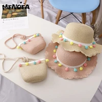 menoea girl hat summer beach cap breathable straw hats colorful ball sweet princess hat seaside with bag kids hats 2 6y sunhat