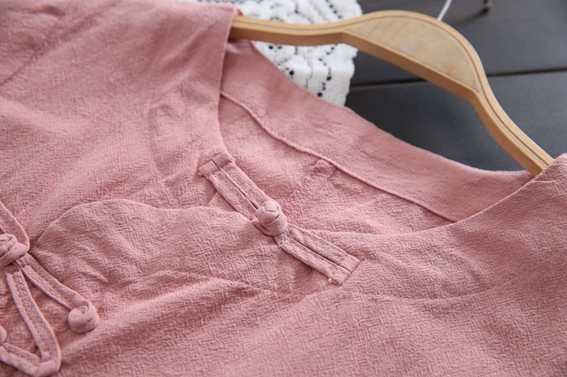 

2019 new spring summer chinese style cotton and linen shirt female O-Neck half sleeve loose literary vintage solid color blouse