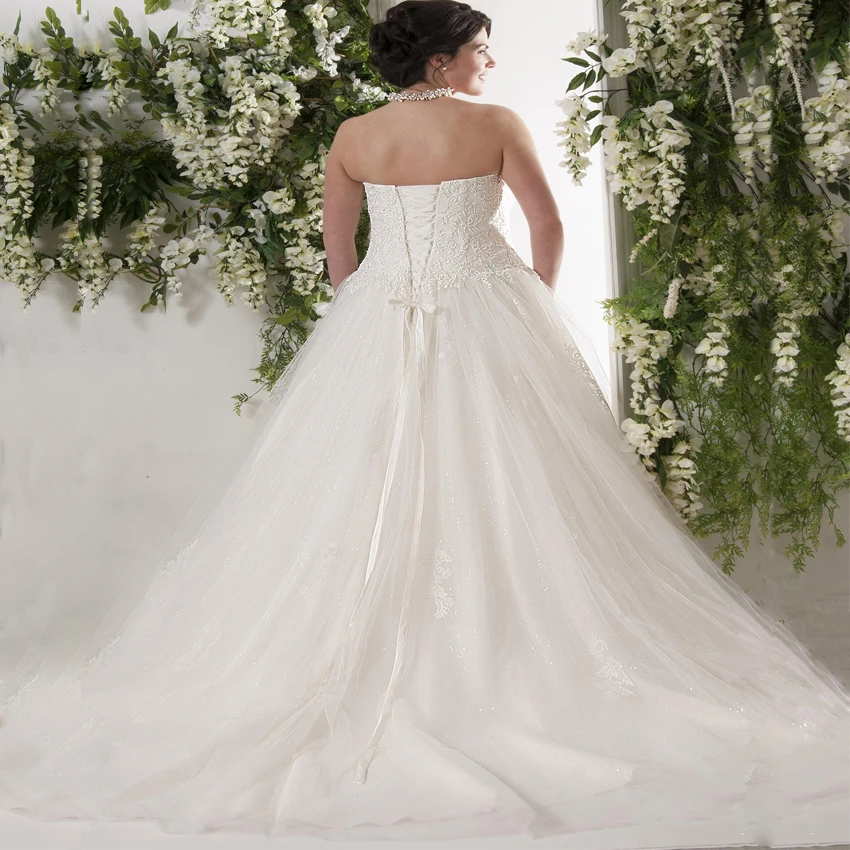 

Elegant Plus Size Wedding Dresses Vestido De Noiva Sweetheart Sleeveless Applique Sequin Tulle Big Lady Bride Gowns