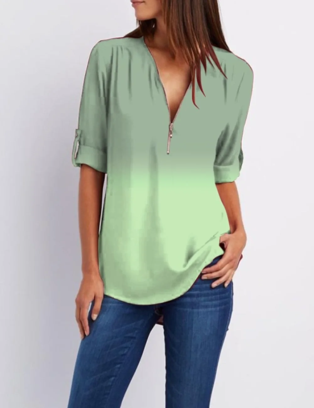 

Donsignet Fashion Women's Blouse Spring Casual V-neck Pullover Gradient Color Zipper Sleeves Loose Plus Size Long Sleeve Blouse