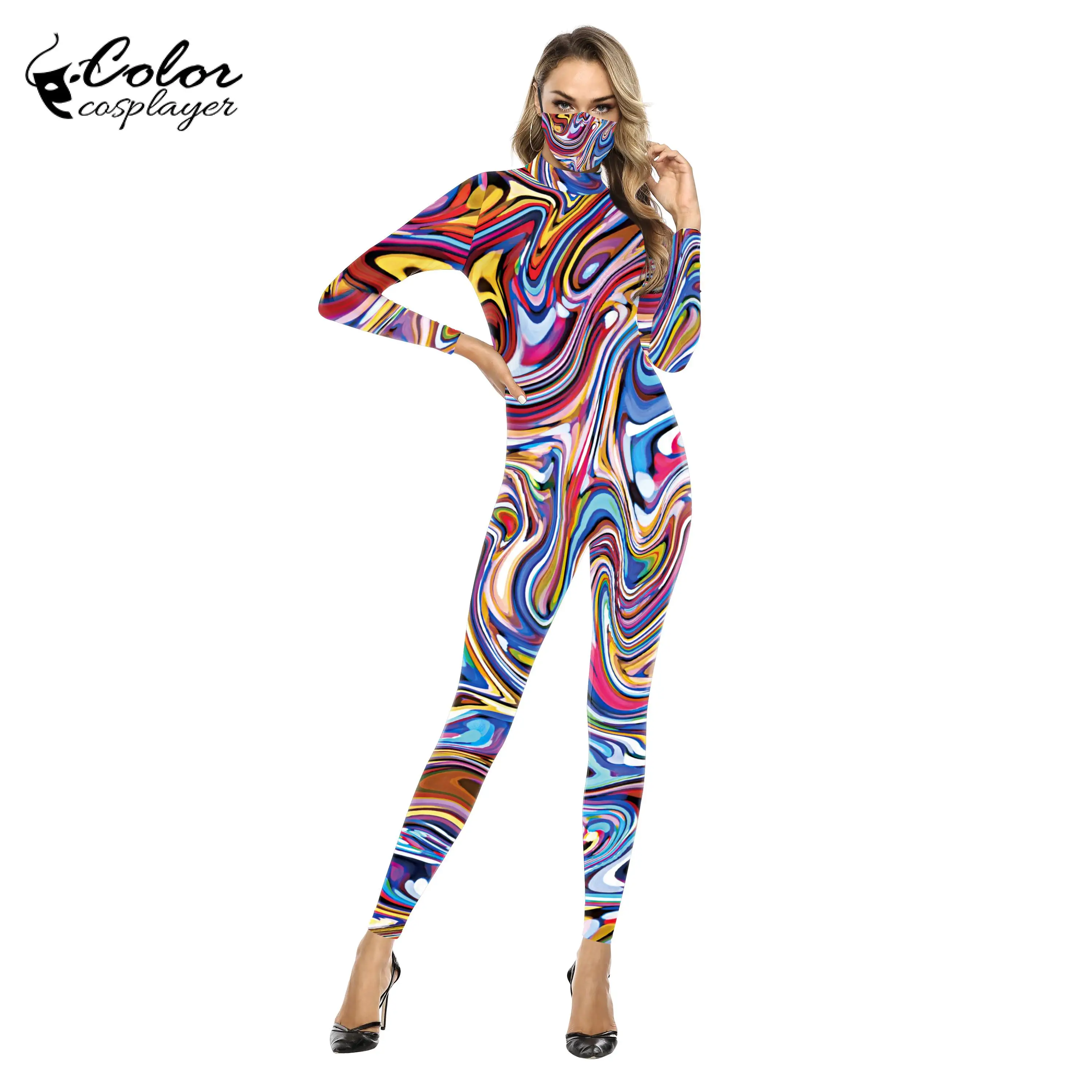 

Color Cosplayer Carnival Fancy Party Cosplay Costume Zentai Catsuit Colour Printed Women Sexy Outfits Long Sleeve Adult Bodysuit