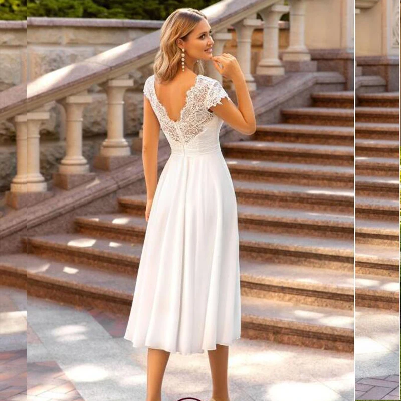 

Short Simple Wedding Dress V Neck Short Lace Sleeves Ankle Length Bridal Gown Robe De Mariee For Petite Women Brides Gorgeous