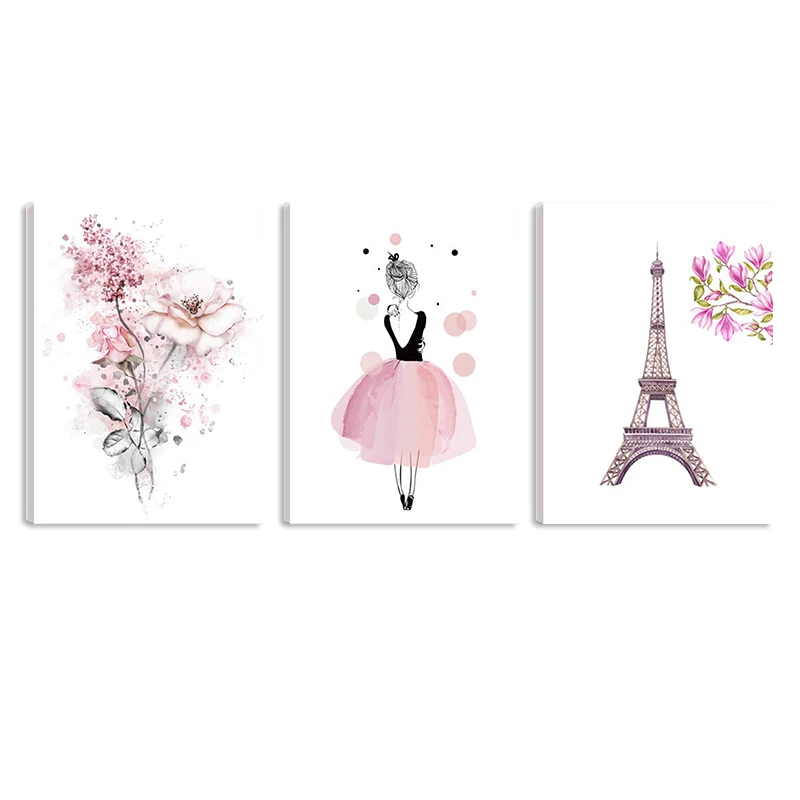 Красивая розовая балерина танцовщица девушка принт парижской башни цветок холст