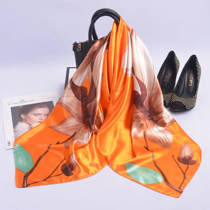 

2021 New spring 90X90CM Square Scarf Headband Women Hair Band Print Shawl Wrap Fashion Silk Scarves Bandana Female Neckerchief