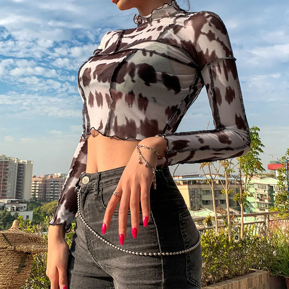 

2020 spring and summer women's round neck long-sleeved fashion print top underwear perspective short long-sleeved top