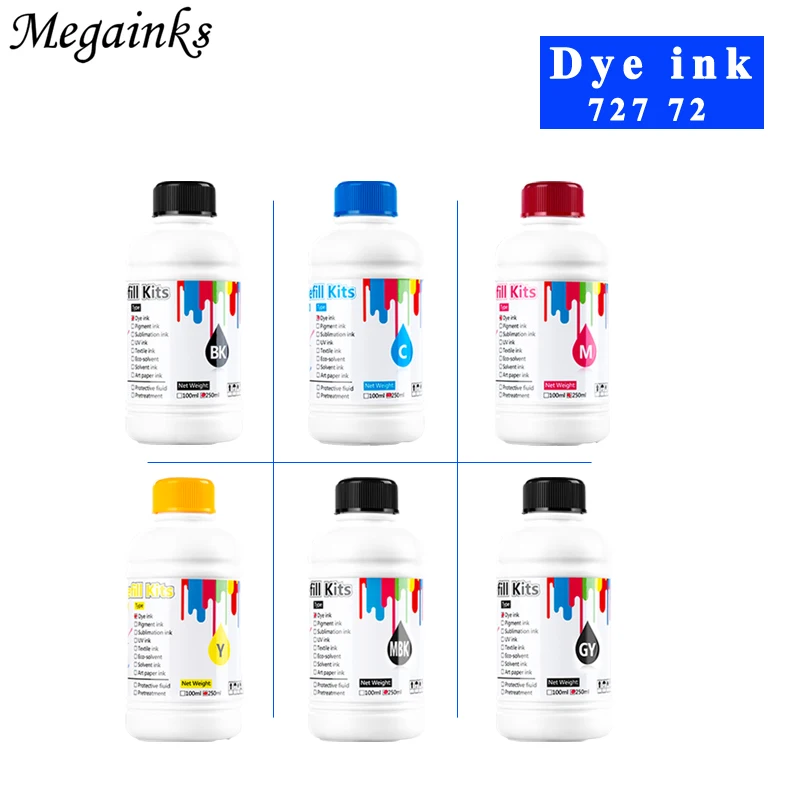 

6PC 250ML bottle Dye Ink for HP T610 T770 T790 T1100 T1120 T1200 T1300 T2300 T920 T930 T1530 T2530 T1500 T2500 Printer