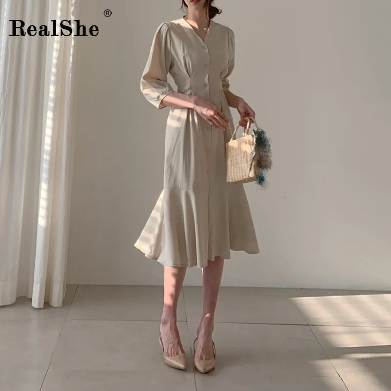 RealShe, женские платья, v-образный вырез, половина рукава, пуговицы, оборки, женское макси платье, весна, повседневное, модное, одноцветное, женское платье, элегантное