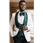 Смокинг для жениха 3 шт., Свадебные африканские облегающие мужские костюмы, куртка с белым цветочным узором, зеленый бархатный жилет с черными брюками 2022