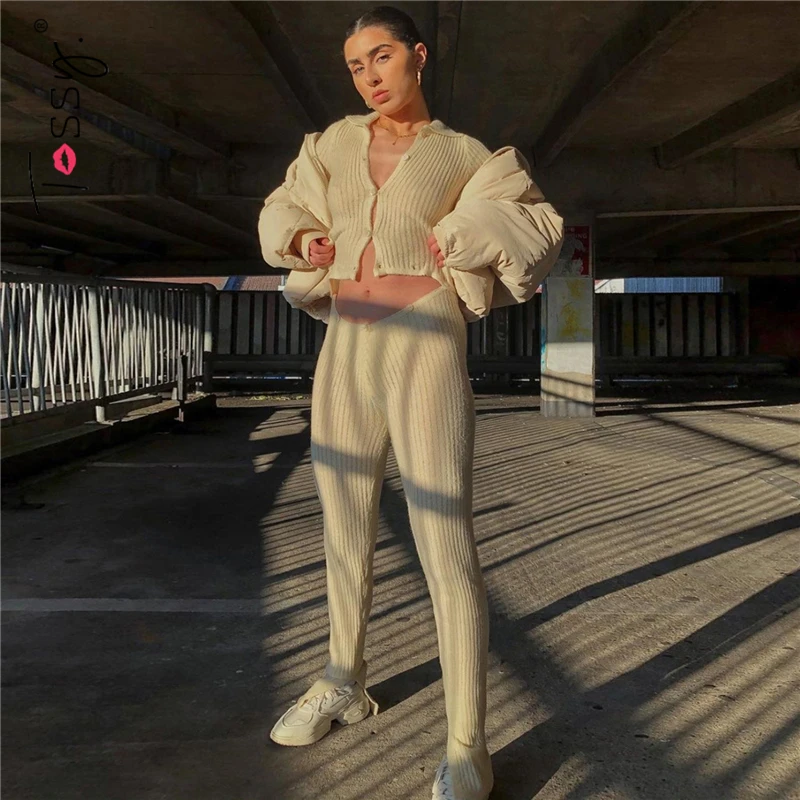 

Tossy Ribbed Knitted Bodycon Jumpsuit Long Sleeve Skinny Sexy Two Piece Set Women Fall Outfits Female Fitness Rompers Overalls