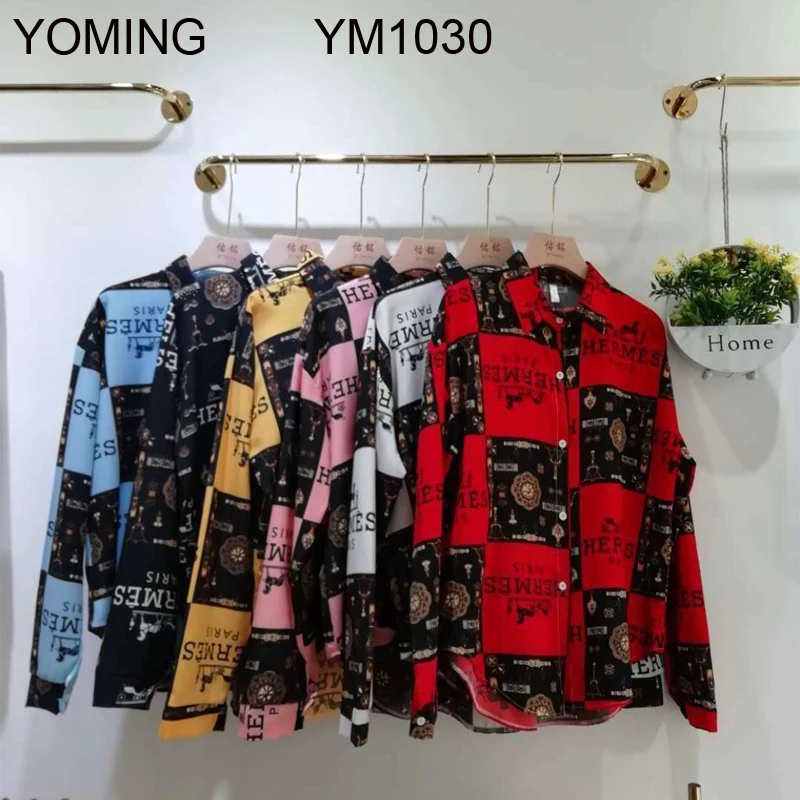 YOMING YM1029 модная официальная рубашка с принтом топы отложным воротником длинным