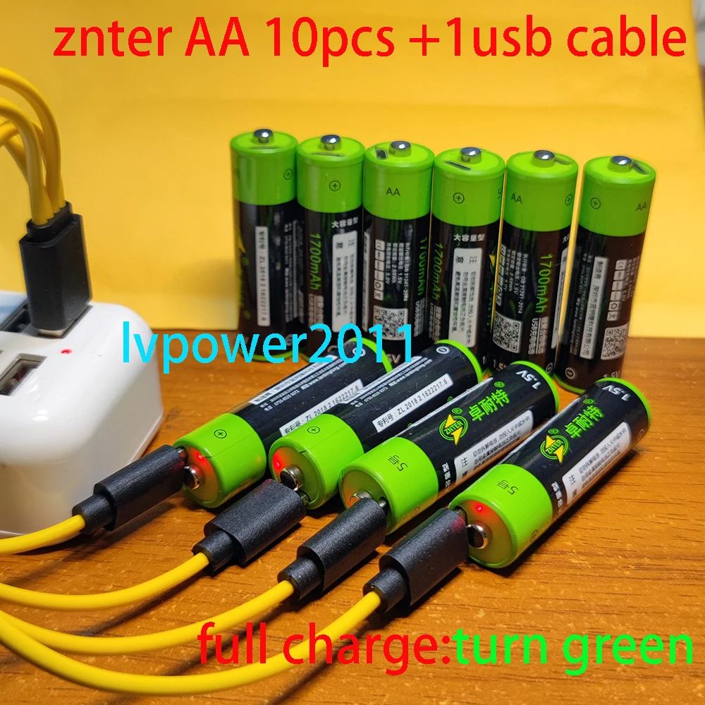 

10pcs ZNTER 2550mwh 1.5V USB AA 1700mAh li-polymer rechargeable lithium li-ion battery with USB cable pack 2 hours fast charge