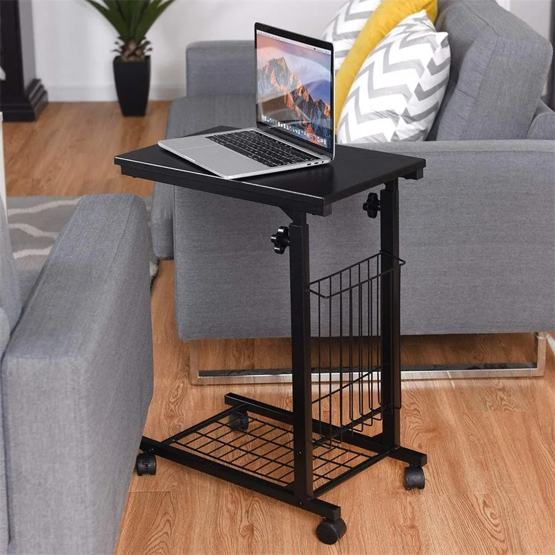 C Shaped Height Adjustable Sofa Side Snack End Table Compact Size Sturdy Steel Frame Storage Mesh Rolling Caster Tables HW59245 | Мебель