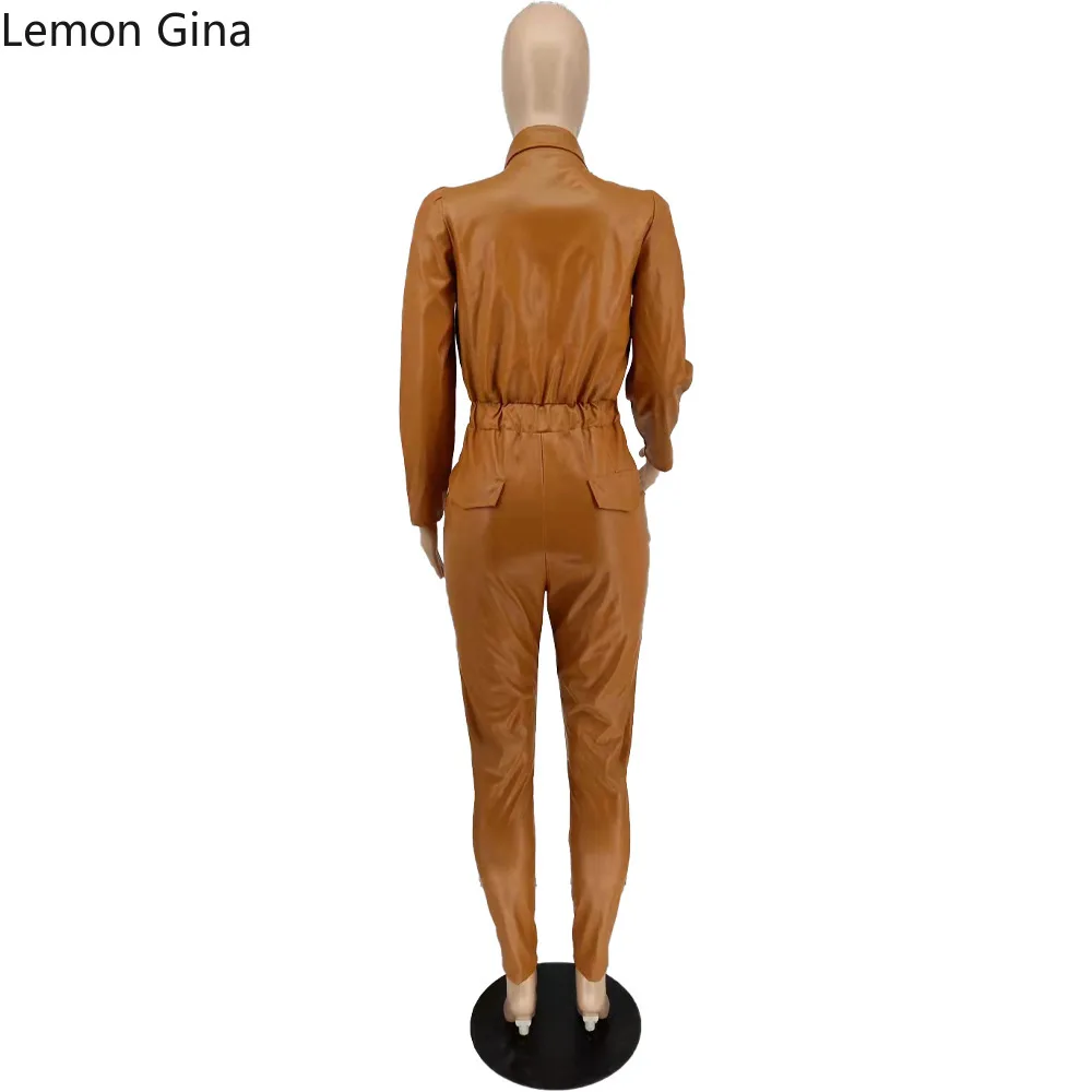 Комбинезон женский из ПУ кожи на молнии с длинным рукавом |