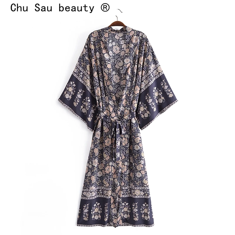 

New Fashion Holiday Chic Vintage Printed Cotton Dress Women Bohemian Style Sashes Long Kimono Female Loose V-neck Beachwear