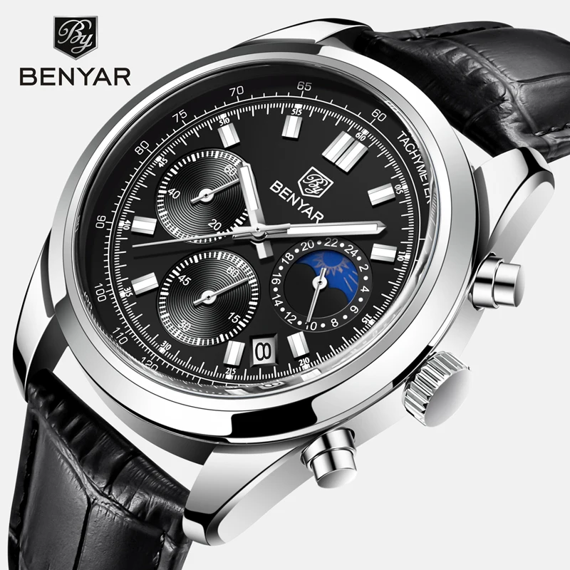 

BENYAR 2021 Men's Watches Top Brand Luxury Quartz Wristwatch Men Sport Chronograph Military Leather Moon Phase Luminous Relogio