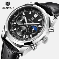 benyar 2021 mens watches top brand luxury quartz wristwatch men sport chronograph military leather moon phase luminous relogio