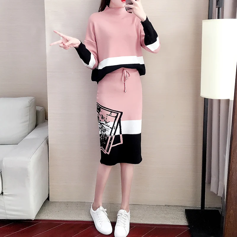 Ladies Autumn Knitted Sweaters 2 Piece Set Women's Vintage Hit Color Pullover Top+ Print Pencil Knit Skirt Two Piece Set Suit